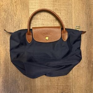 Longchamp Navy Tote with Brown Leather Trim